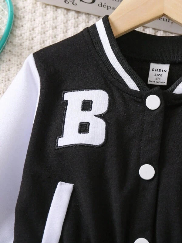 Young Girl Letter Graphic Striped Trim Colorblock Baseball Collar Jumpsuit