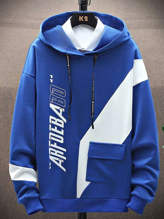 Men Letter Graphic Colorblock Flap Pocket Drawstring Hoodie Without Shirt