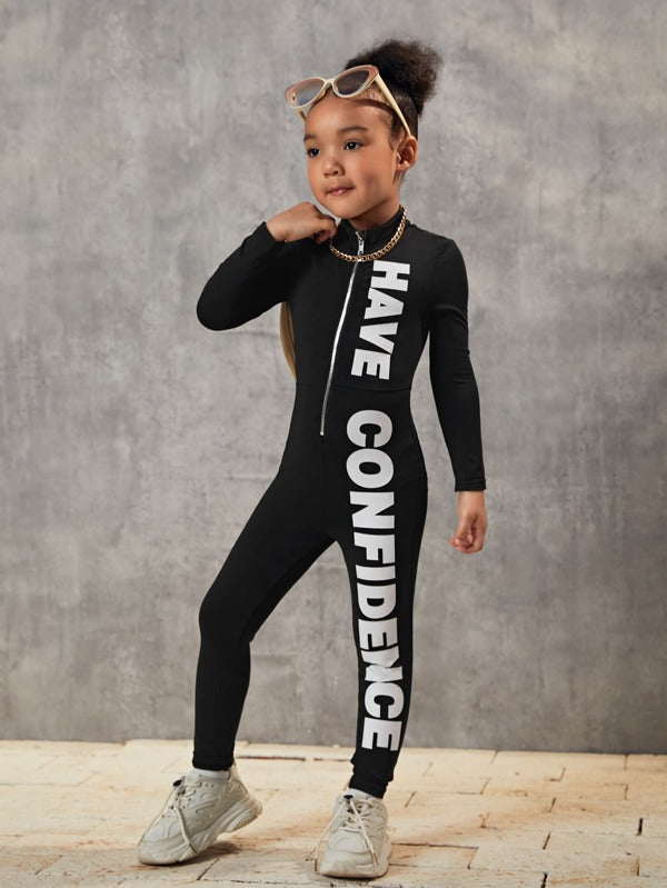 SHEIN Kids Cooltwn Toddler Girls Letter Graphic Zipper Unitard Jumpsuit