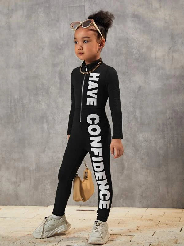 SHEIN Kids Cooltwn Toddler Girls Letter Graphic Zipper Unitard Jumpsuit