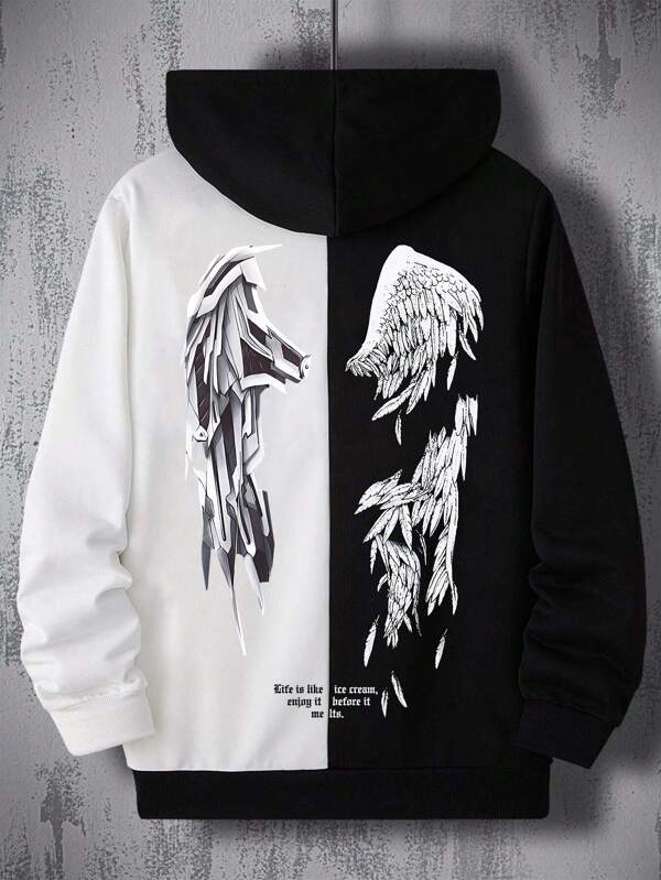 Manfinity Homme Men Two Tone Wing Print Kangaroo Pocket Drawstring Hoodie