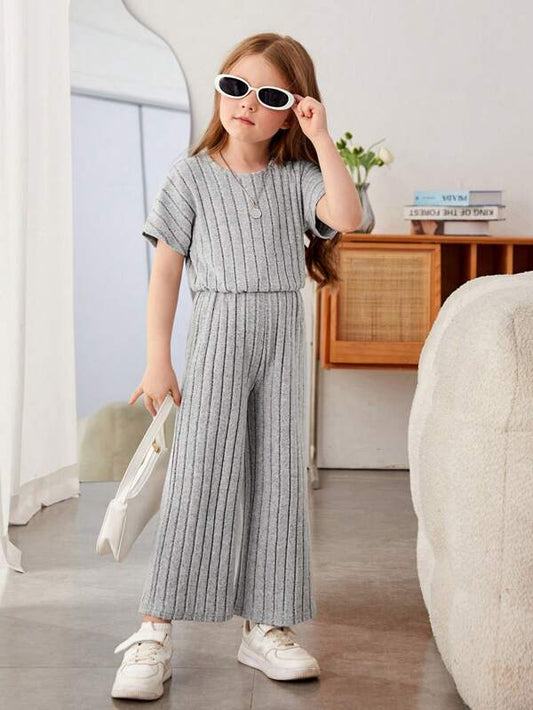 SHEIN Young Girl Ribbed Knit Batwing Sleeve Wide Leg Jumpsuit