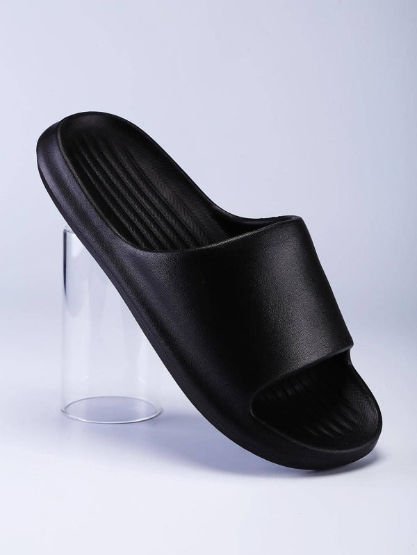 Men Minimalist Single Band Slides, EVA Fashion Slides Black