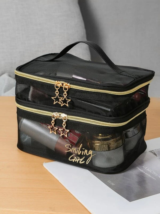 Letter Embroidered Mesh Makeup Bag Zipper