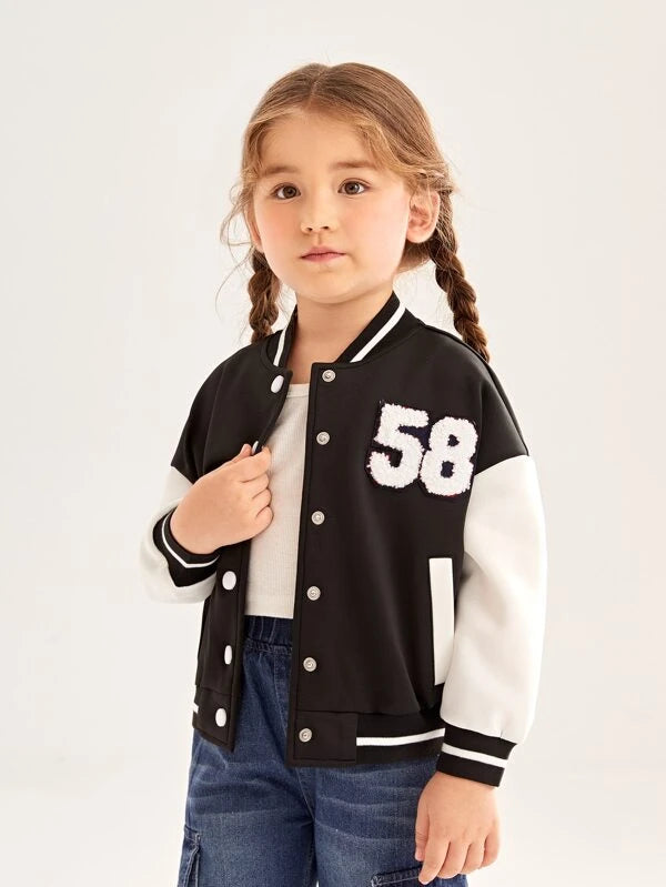 SHEIN Kids EVRYDAY Toddler Girls Number Patch Detail Two Tone Drop Shoulder Varsity Jacket