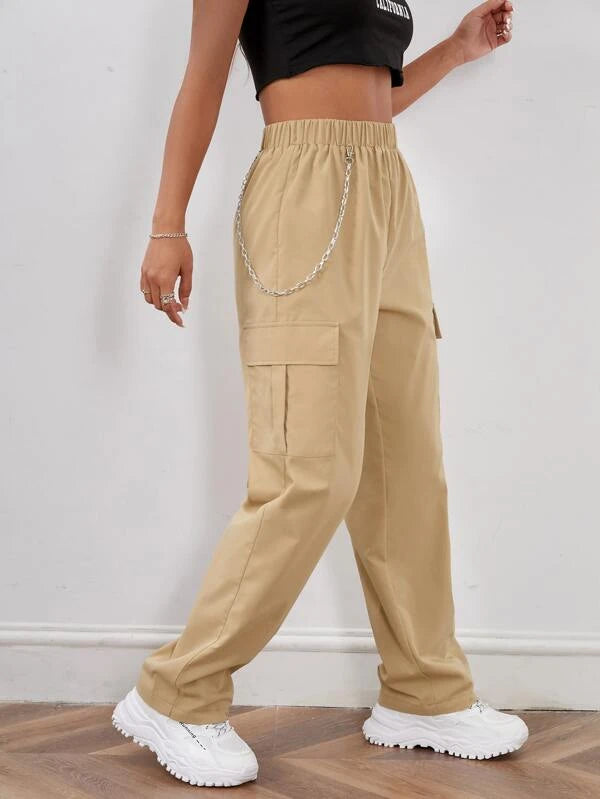 SHEIN Coolane Elastic Waist Cargo Pants With Chain