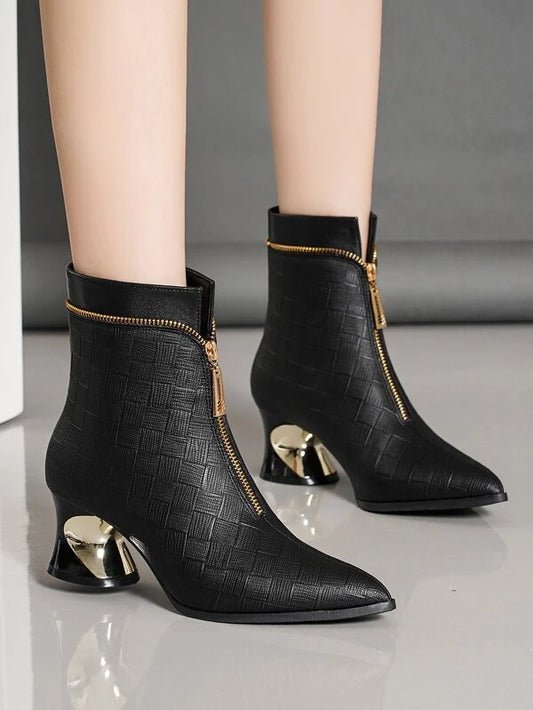 Ladies' Fashionable High Heel Boots With Crocodile Pattern Embossment, Front Zipper And Chunky Heel