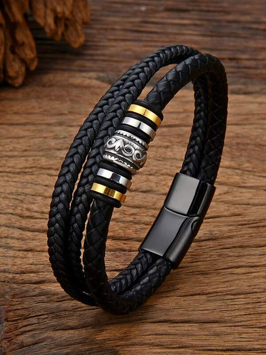 Stainless Steel Clasp Bracelet, Bovine Leather Multi-layer Braided Bracelet For Men And Women