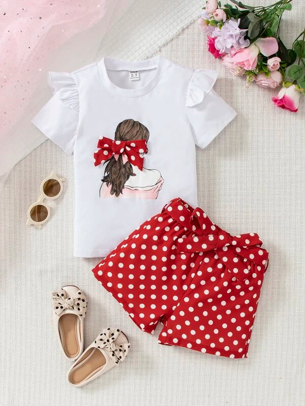 SHEIN Kids EVRYDAY Toddler Girls Figure Graphic Bow Front Ruffle Trim Tee & Polka Dot Print Shorts