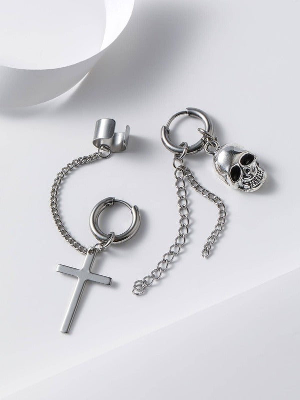 1pair Funky Stainless Steel Cross & Skull Decor Mismatched Drop Earrings For Men For Daily Decoration