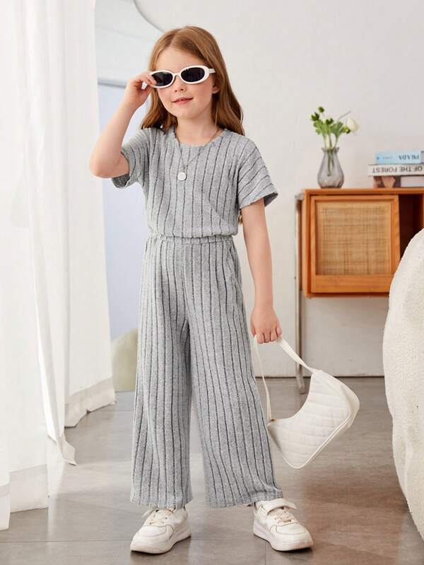 SHEIN Young Girl Ribbed Knit Batwing Sleeve Wide Leg Jumpsuit