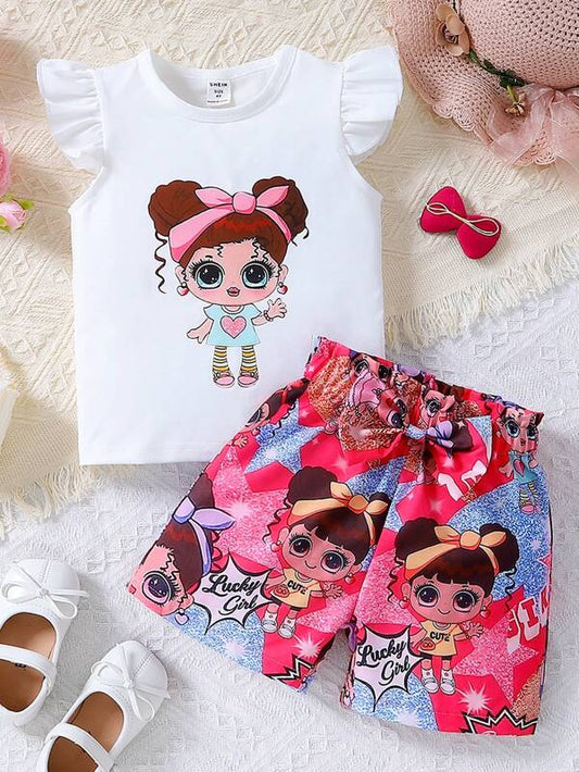 Toddler Girls Figure Graphic Ruffle Trim Tee & Bow Front Shorts