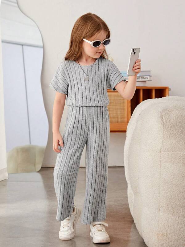 SHEIN Young Girl Ribbed Knit Batwing Sleeve Wide Leg Jumpsuit