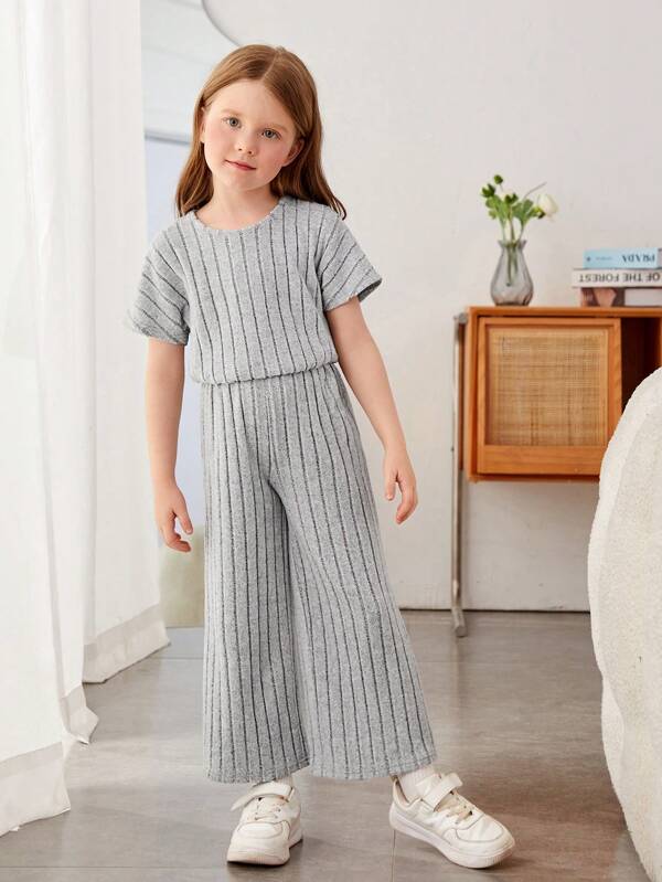 SHEIN Young Girl Ribbed Knit Batwing Sleeve Wide Leg Jumpsuit