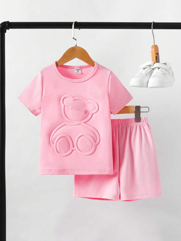 SHEIN Kids EVRYDAY 2pcs/set Toddler Girls Casual Bear Embossed Short Sleeve T-shirt & Shorts For Summer