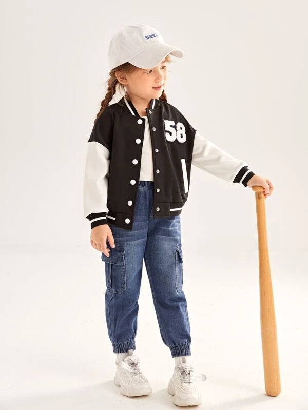 SHEIN Kids EVRYDAY Toddler Girls Number Patch Detail Two Tone Drop Shoulder Varsity Jacket