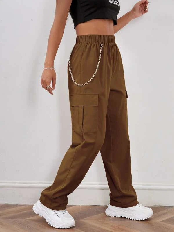 SHEIN Coolane Elastic Waist Cargo Pants With Chain