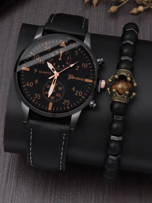 1pc Men Round Pointer Quartz Watch & 1pc Bracelet