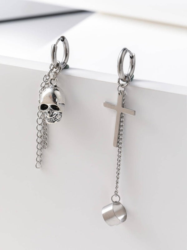 1pair Funky Stainless Steel Cross & Skull Decor Mismatched Drop Earrings For Men For Daily Decoration