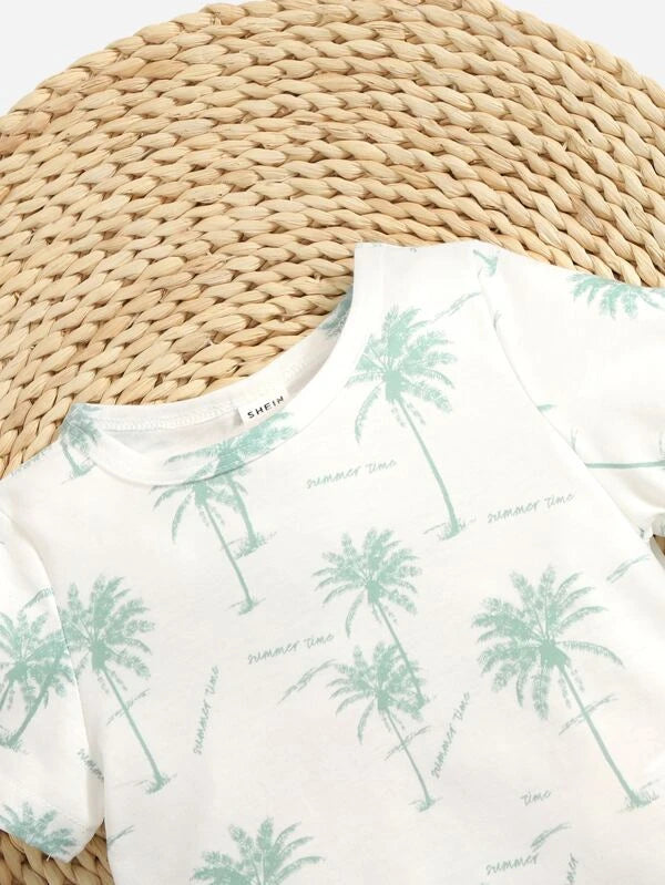 SHEIN Baby Tropical & Letter Graphic Tee & Shorts