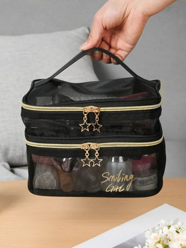 Letter Embroidered Mesh Makeup Bag Zipper