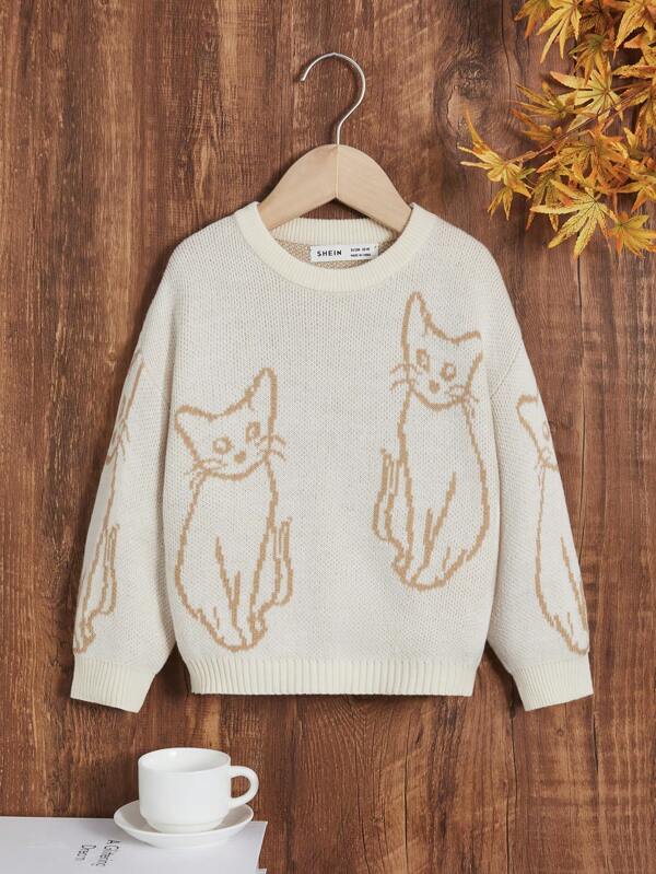 SHEIN Kids Cooltwn Young Girl Cat Pattern Drop Shoulder Sweater