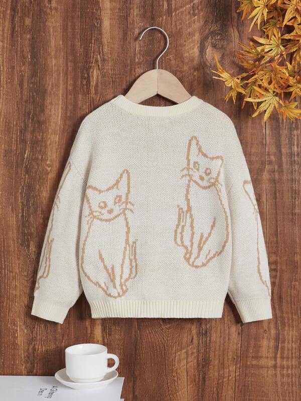 SHEIN Kids Cooltwn Young Girl Cat Pattern Drop Shoulder Sweater