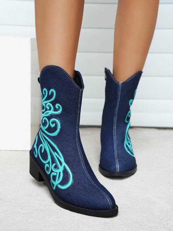 Women's Fashionable Blue Western Cowboy Style Printed Boots With Fleece Lining, Autumn And Winter