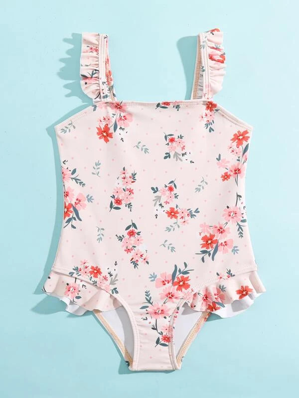 SHEIN Kids SUNSHNE Toddler Girls Floral Print Ruffle Trim One Piece Swimsuit