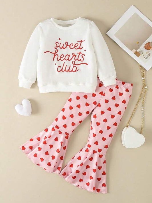 Little Girl' Two Piece Set, White Alphabet Print Sweatshirt And Pink Heart Bell Bottom Pants