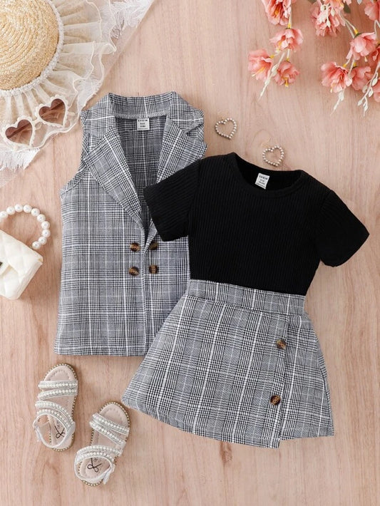 Baby Solid Tee & Plaid Print Vest Blazer & Skirt