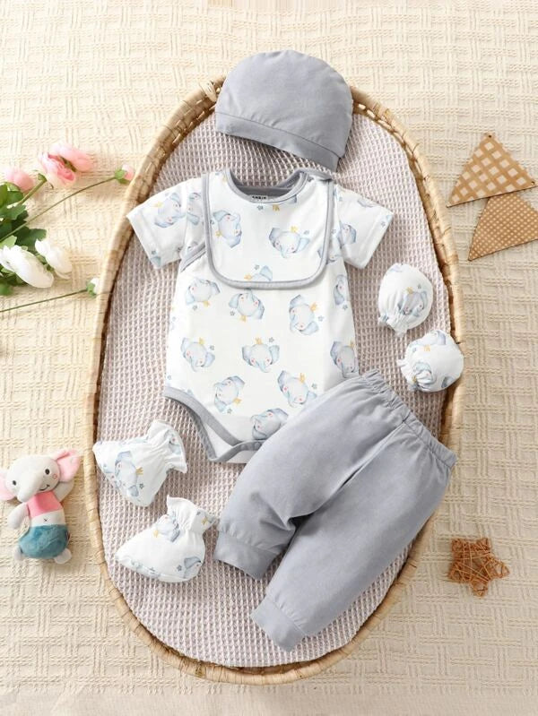 Newborn Baby Elephant Print Bodysuit & Pants & Hat & Socks & Gloves