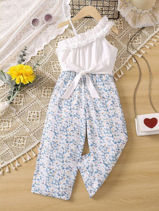 SHEIN Kids SUNSHNE Toddler Girls Floral Print Ruffle Trim Asymmetrical Neck Belted Jumpsuit