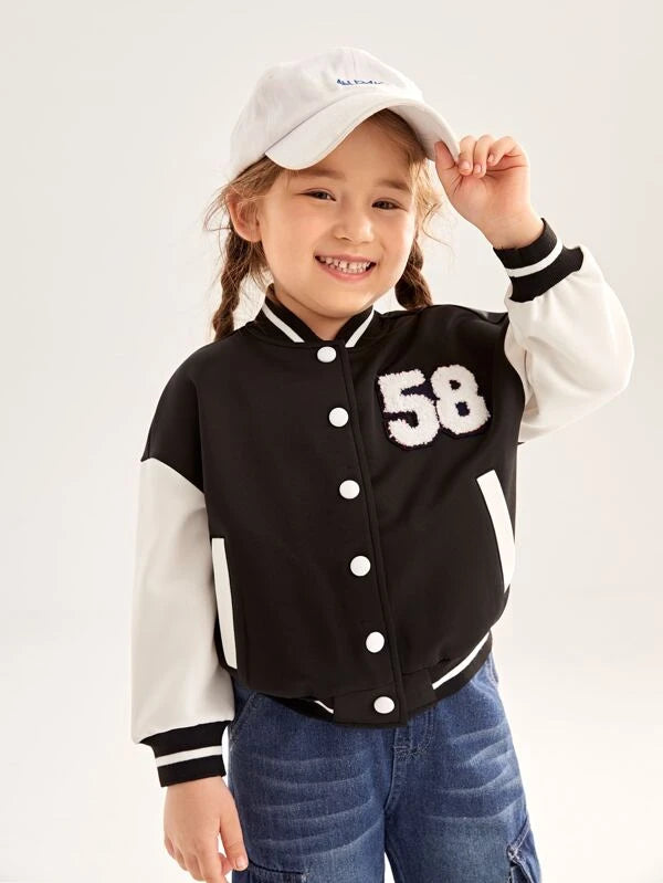 SHEIN Kids EVRYDAY Toddler Girls Number Patch Detail Two Tone Drop Shoulder Varsity Jacket