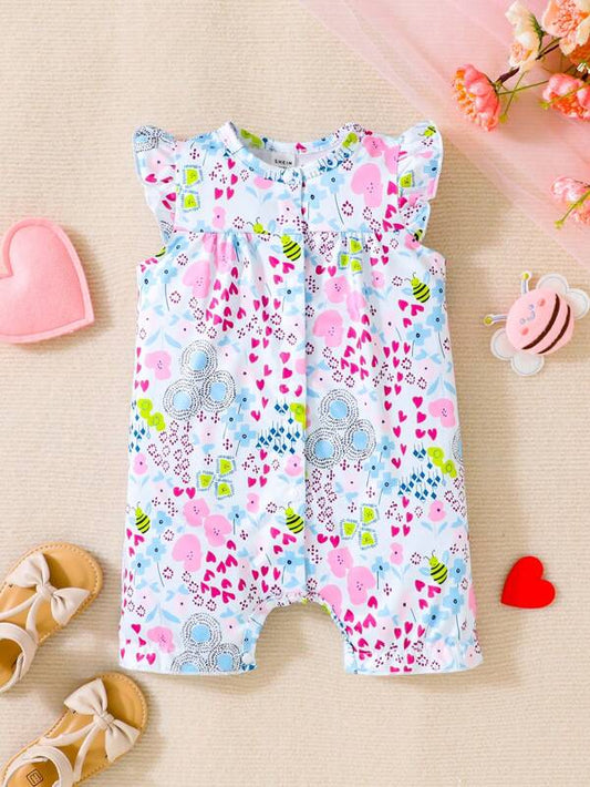 SHEIN Baby Girl Floral Print Ruffle Trim Button Front Romper