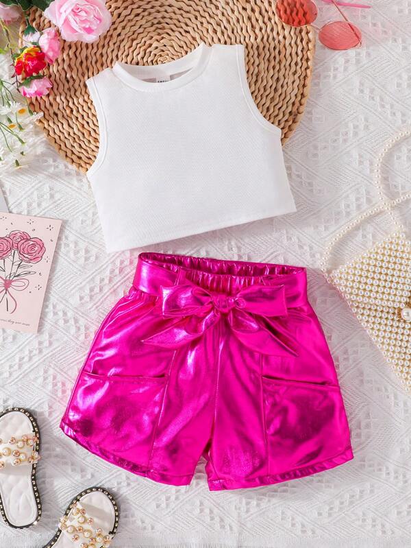 Toddler Girls Solid Tank Top & Metallic Shorts Set