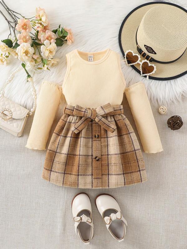 Toddler Girls Cold Shoulder Tee & Plaid Print Belted Skirt