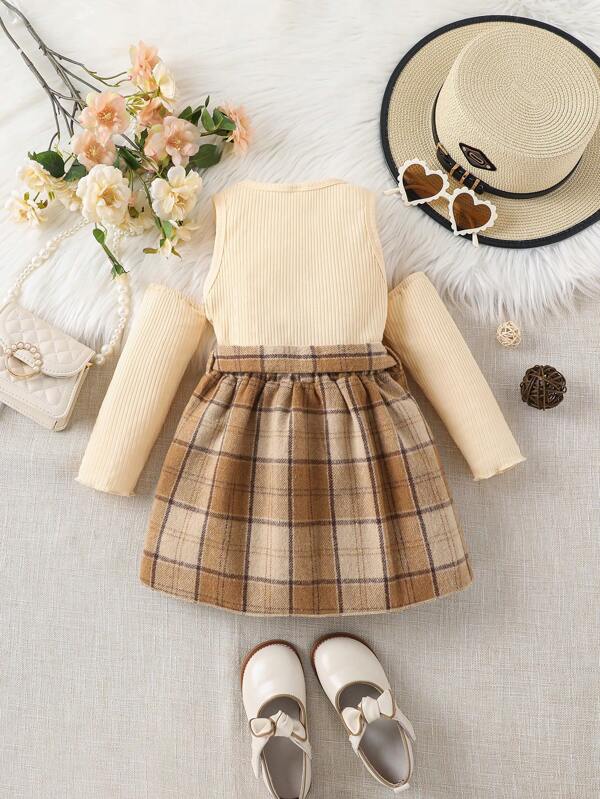 Toddler Girls Cold Shoulder Tee & Plaid Print Belted Skirt