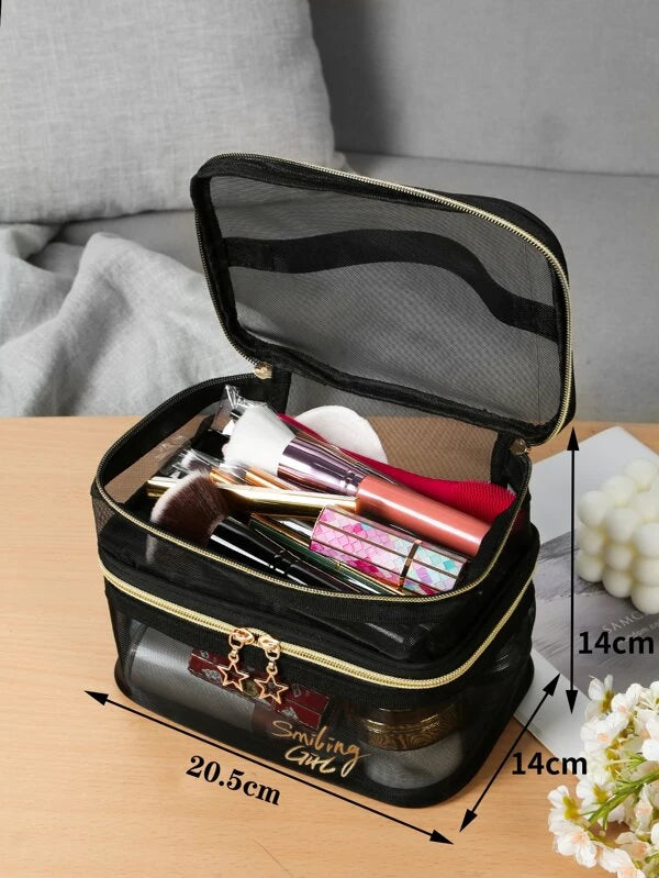 Letter Embroidered Mesh Makeup Bag Zipper