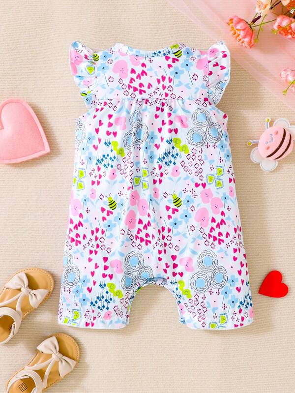 SHEIN Baby Girl Floral Print Ruffle Trim Button Front Romper