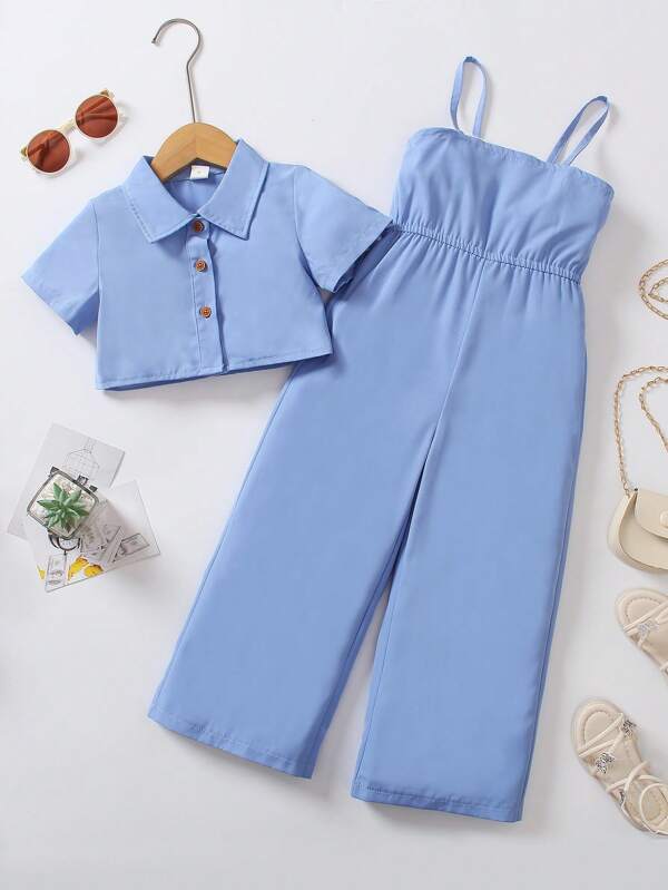 Toddler Girls Button Front Shirt & Wide Leg Cami Jumpsuit