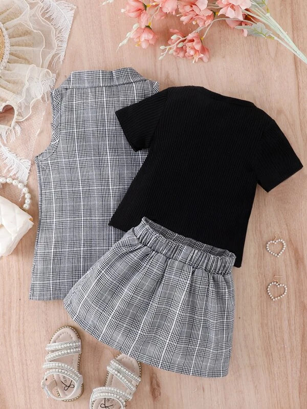 Baby Solid Tee & Plaid Print Vest Blazer & Skirt