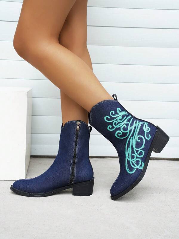 Women's Fashionable Blue Western Cowboy Style Printed Boots With Fleece Lining, Autumn And Winter