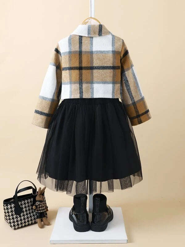 SHEIN Kids EVRYDAY Toddler Girls Plaid Flap Detail Jacket & Mesh Hem Cami Dress