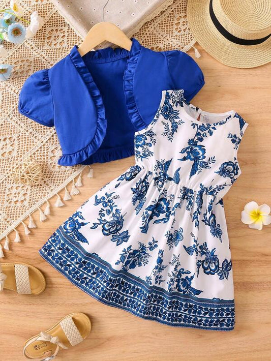 SHEIN Kids SUNSHNE Toddler Girls Floral Print Frill Trim Puff Sleeve Dress & Open Front Jacket Set