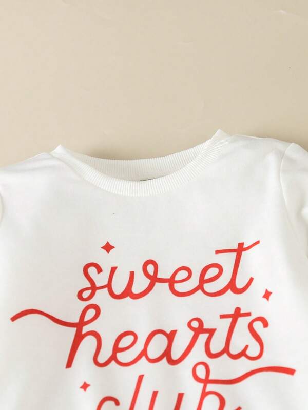 Little Girl' Two Piece Set, White Alphabet Print Sweatshirt And Pink Heart Bell Bottom Pants