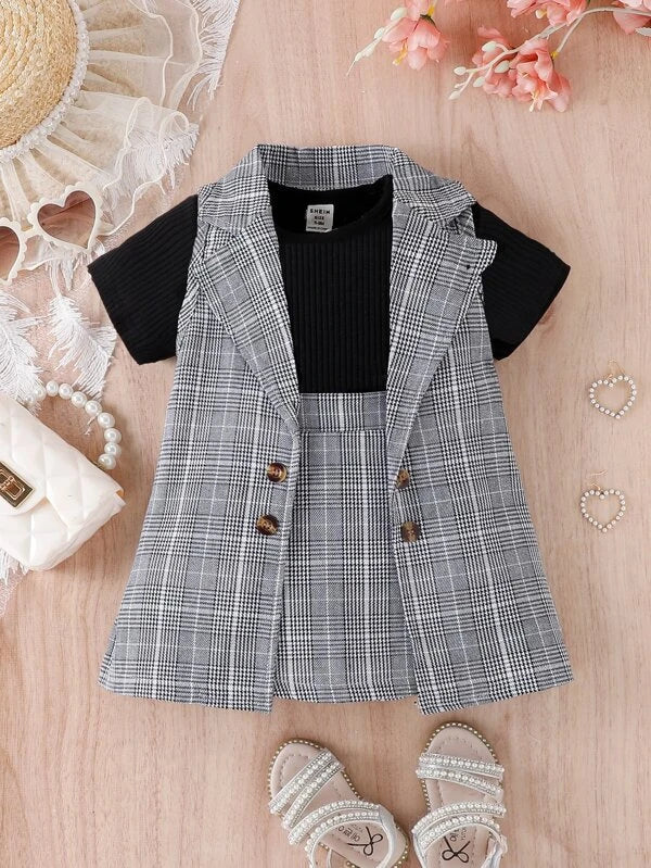 Baby Solid Tee & Plaid Print Vest Blazer & Skirt