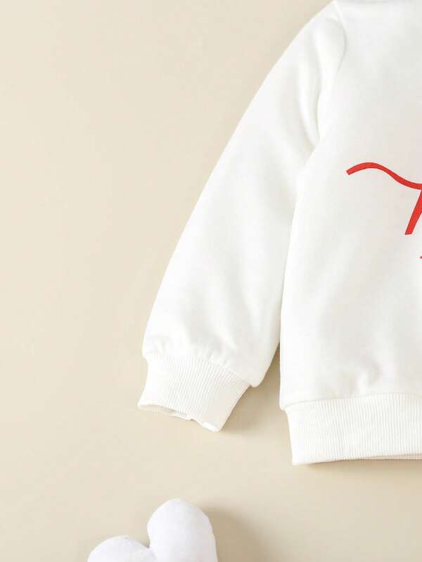 Little Girl' Two Piece Set, White Alphabet Print Sweatshirt And Pink Heart Bell Bottom Pants