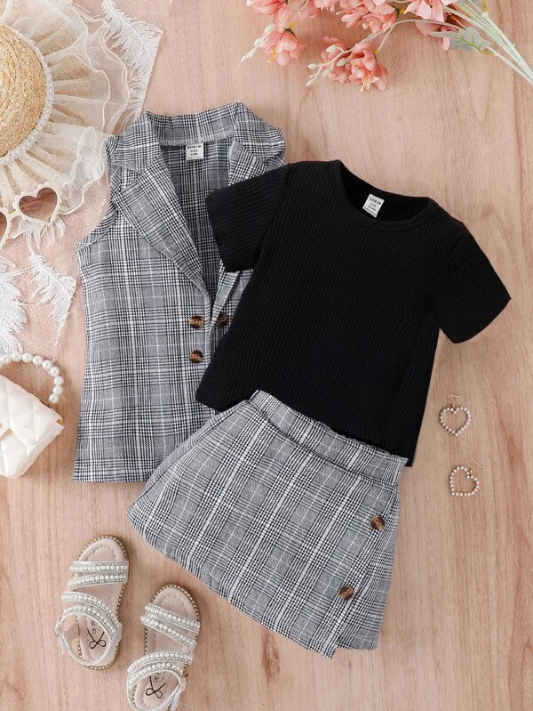 Baby Solid Tee & Plaid Print Vest Blazer & Skirt