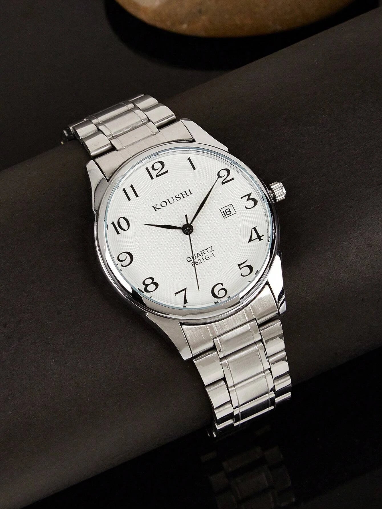 1pc Men Silver Zinc Alloy Strap Business Date Water Resistant Round Dial Quartz Watch, For Daily Life